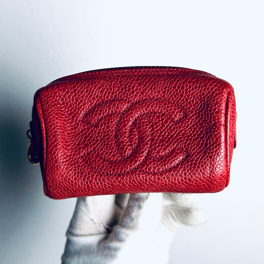Chanel Red GHW Giant CC Monogram Logo Caviar Leather Small Zip Pouch Clutch Case