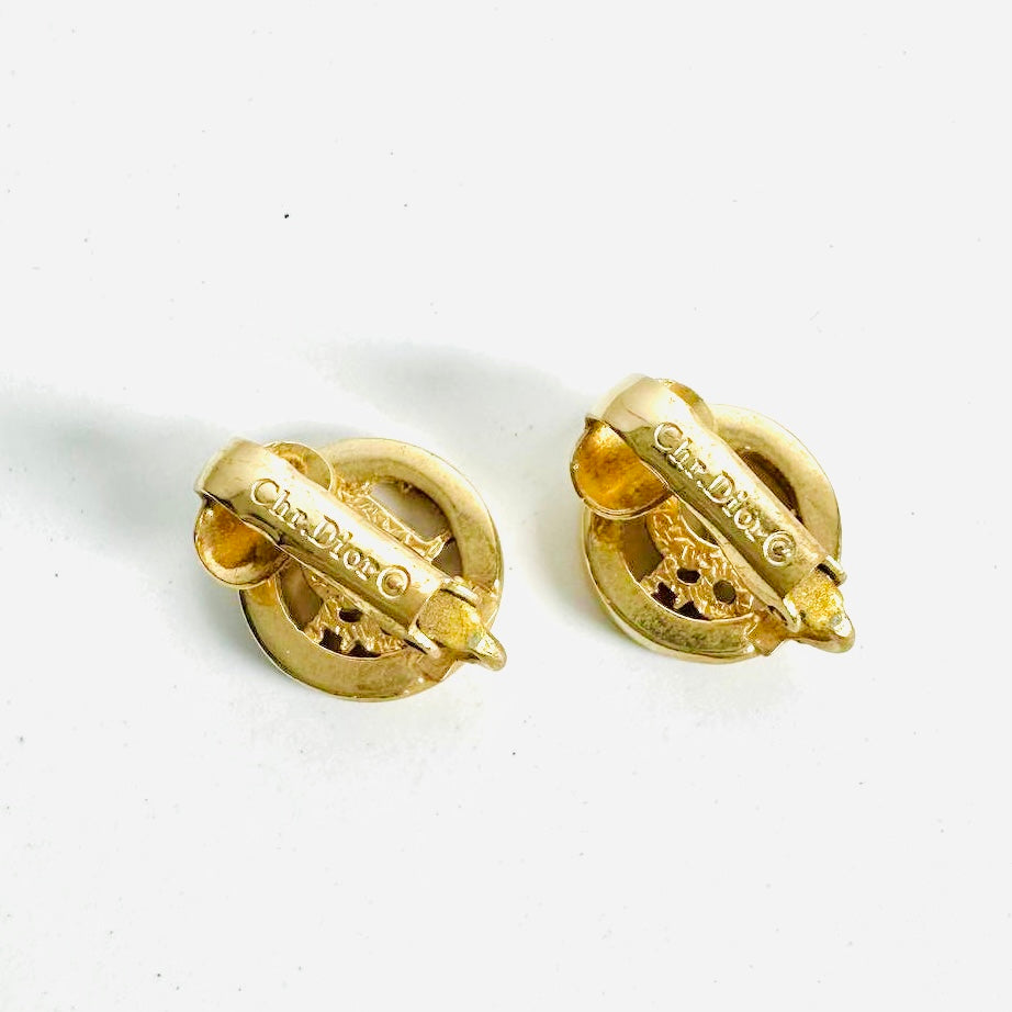 Christian Dior CD Monogram Logo Signature Gold Round Vintage Clip On Earrings