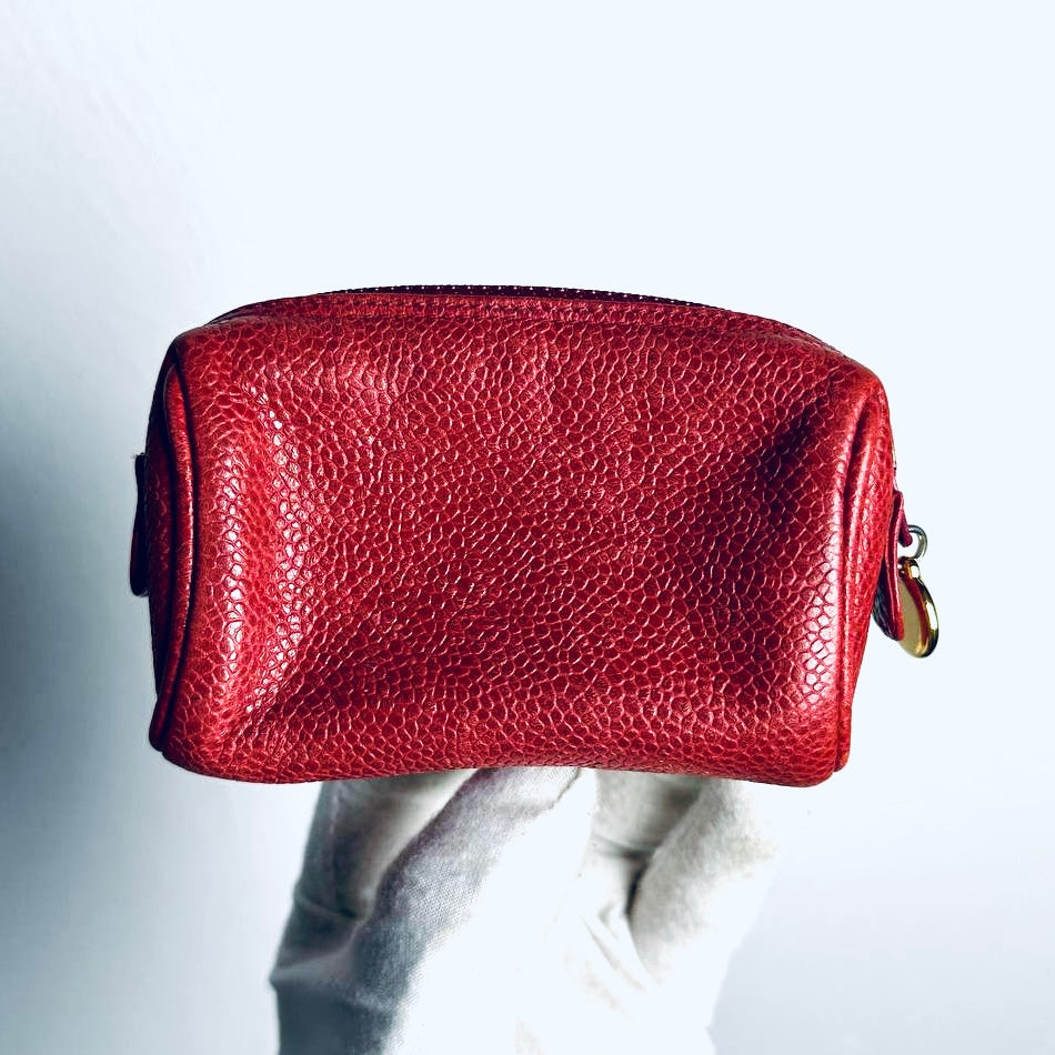 Chanel Red GHW Giant CC Monogram Logo Caviar Leather Small Zip Pouch Clutch Case