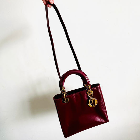 Christian Dior CD Dark Maroon Red GHW Medium Lady Dior Oblique Monogram Logo Patent Leather Shoulder Sling Top Handle Bag