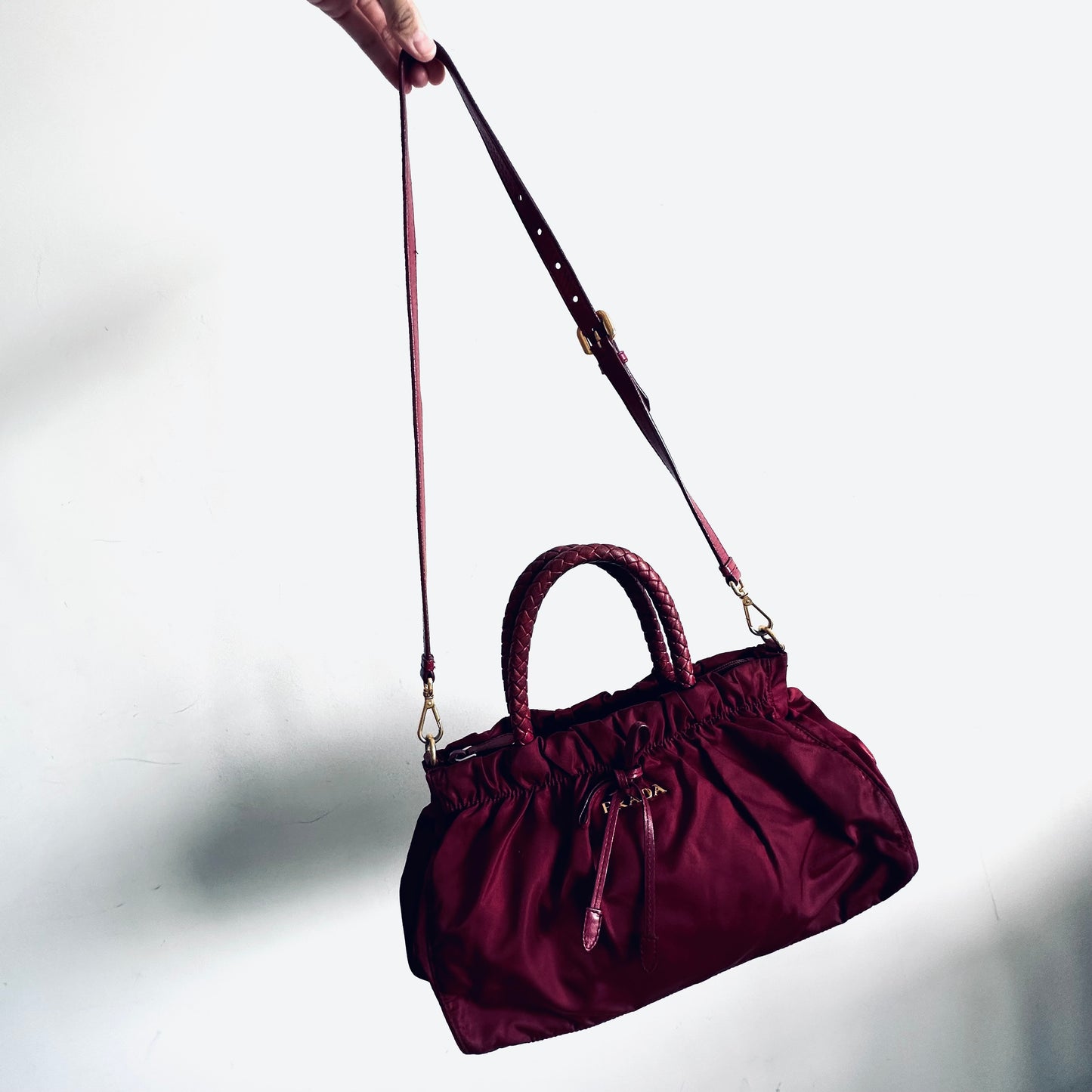Prada Tessuto Dark Fuchsia GHW Bow Classic Logo Nylon & Leather 2-Way Shoulder Sling Tote Bag