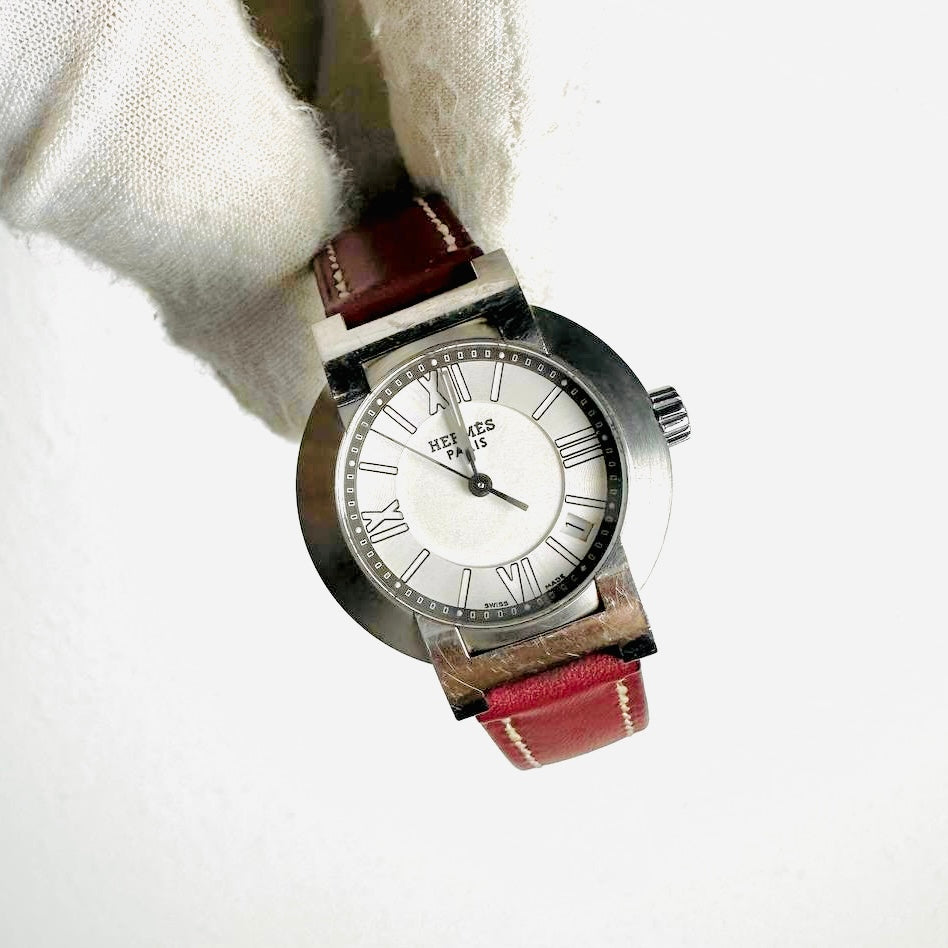 Hermes Nomade Stainless Steel Maroon Leather Strap 27.5MM Watch