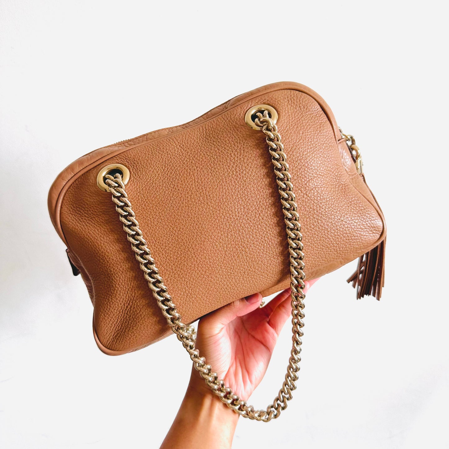 Gucci Blush Pink GHW Soho Disco Double Chain GG Monogram Logo Shoulder Tote Bag