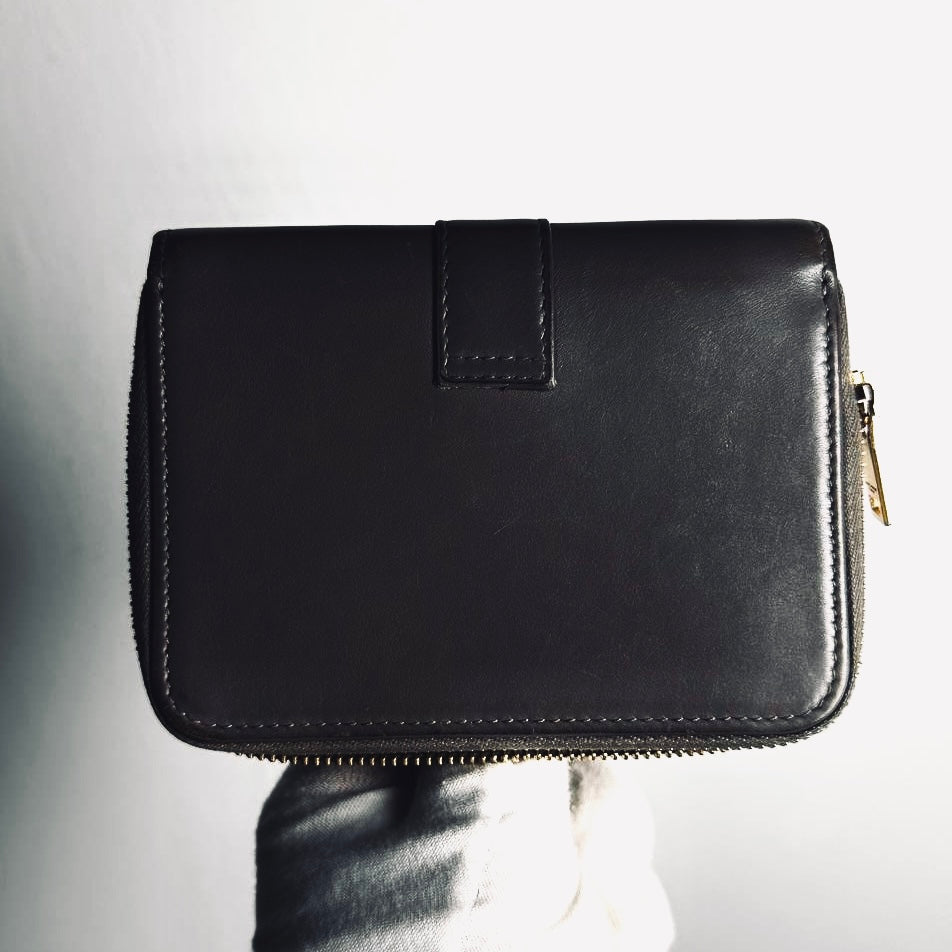 YSL Yves Saint Laurent Dark Grey / Gray GHW Cassandra Compact Flap Zippy Zip Around Wallet Calfskin Leather