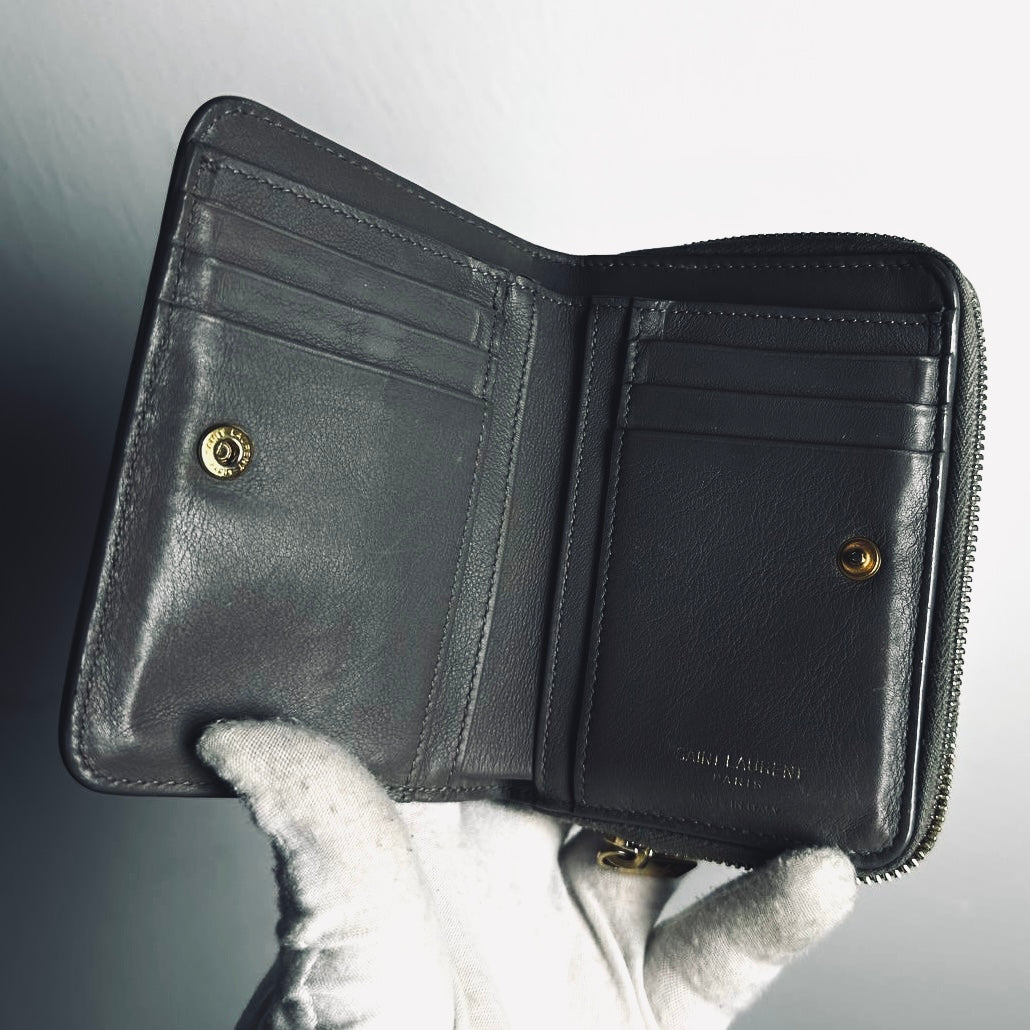 YSL Yves Saint Laurent Dark Grey / Gray GHW Cassandra Compact Flap Zippy Zip Around Wallet Calfskin Leather