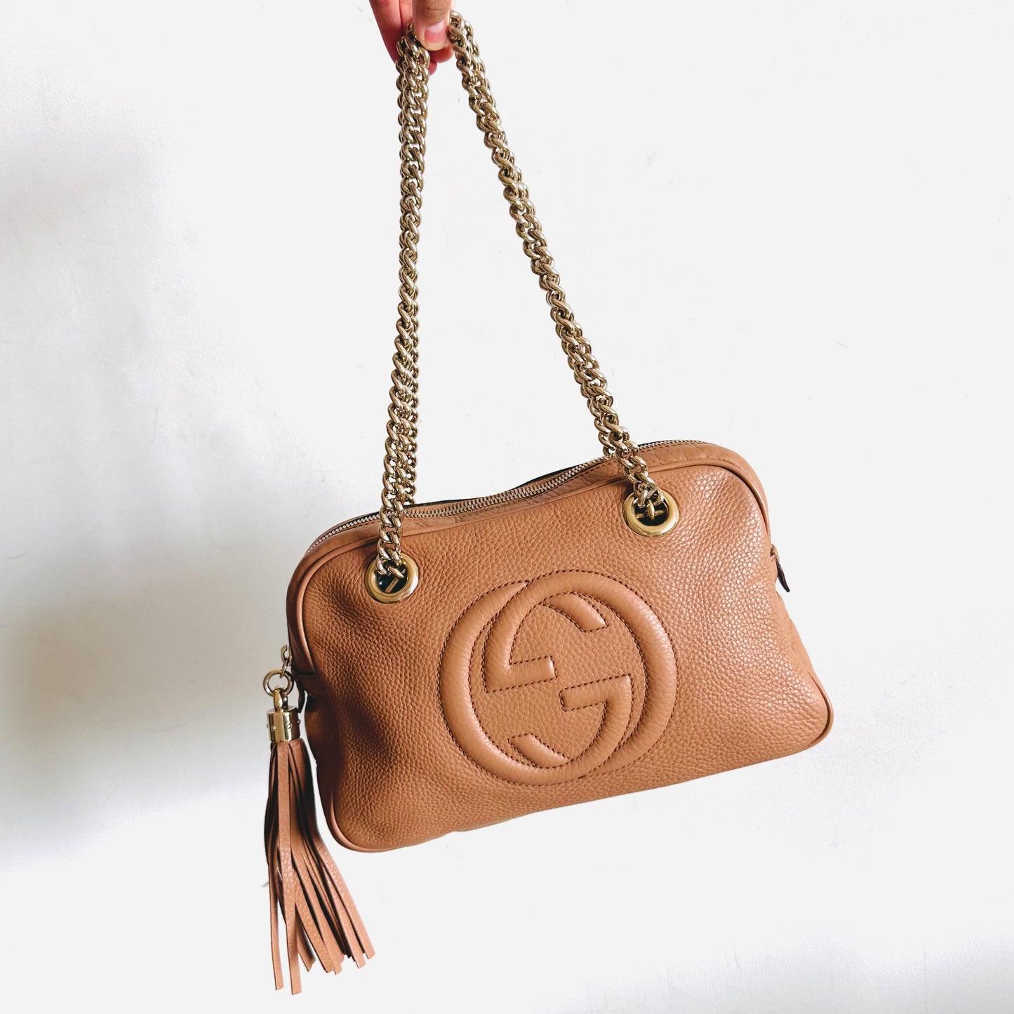 Gucci Blush Pink GHW Soho Disco Double Chain GG Monogram Logo Shoulder Tote Bag