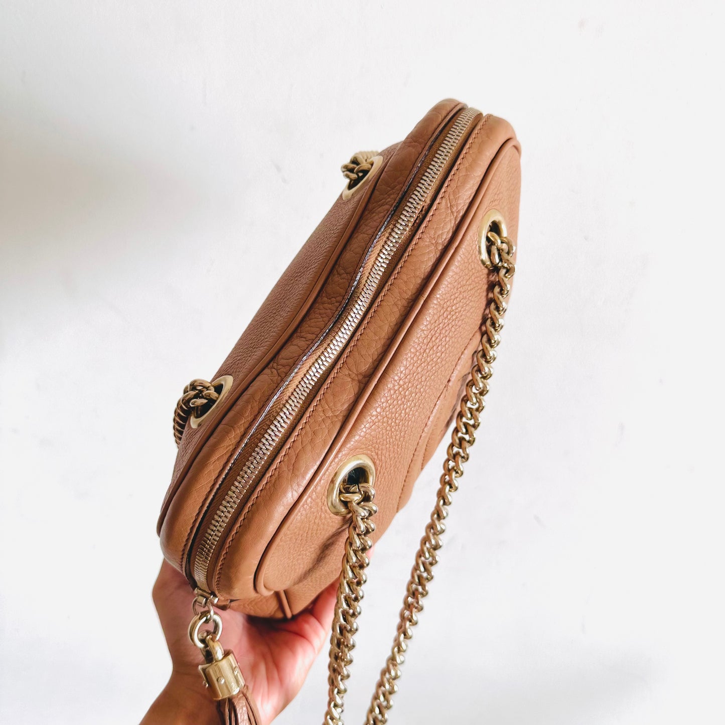 Gucci Blush Pink GHW Soho Disco Double Chain GG Monogram Logo Shoulder Tote Bag
