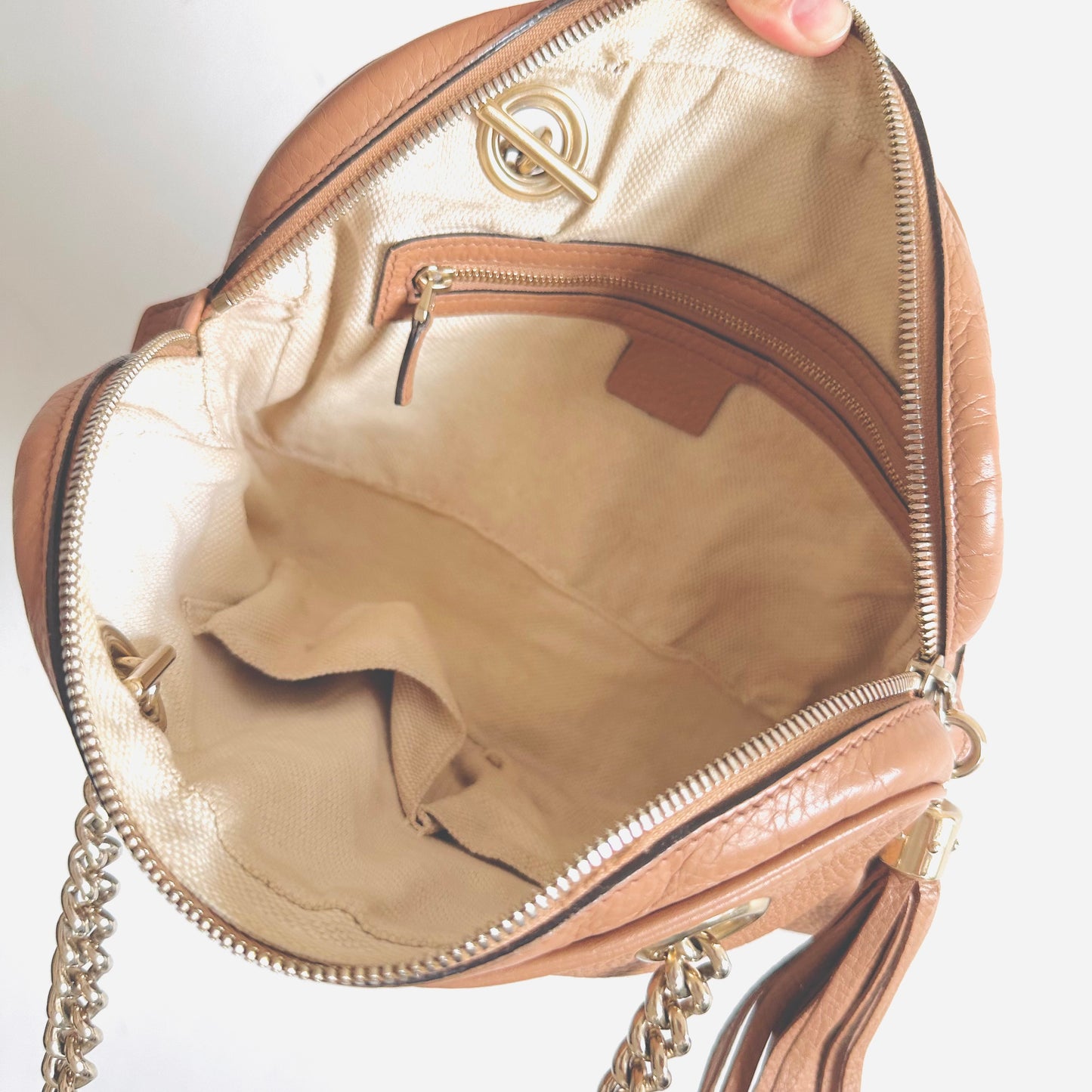 Gucci Blush Pink GHW Soho Disco Double Chain GG Monogram Logo Shoulder Tote Bag