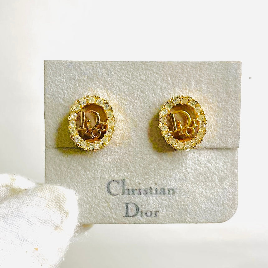 Christian Dior CD Monogram Logo Gold & Crystals Vintage Round Clip On Earrings