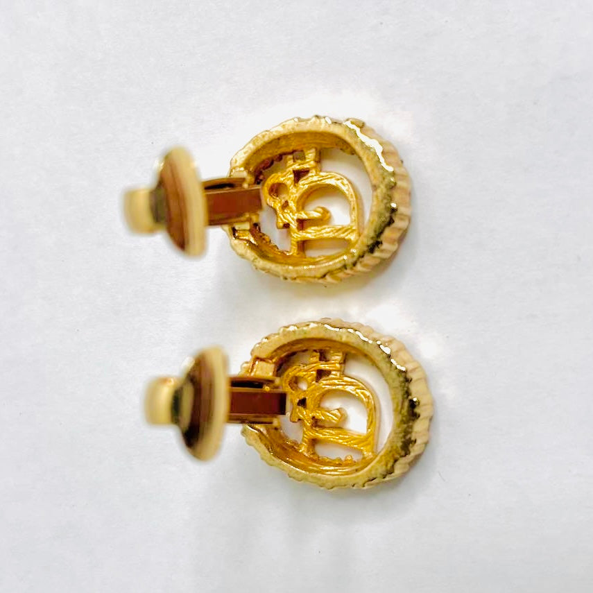 Christian Dior CD Monogram Logo Gold & Crystals Vintage Round Clip On Earrings
