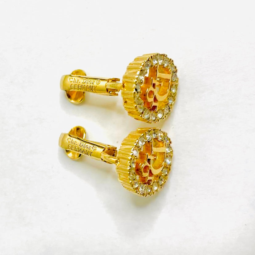 Christian Dior CD Monogram Logo Gold & Crystals Vintage Round Clip On Earrings