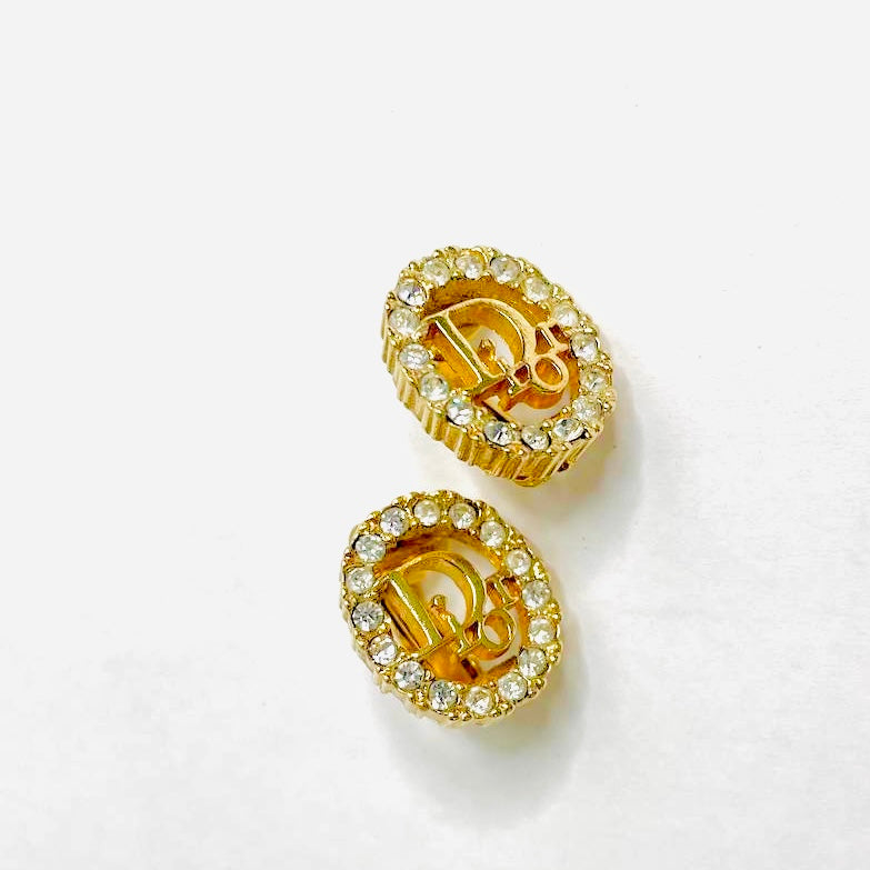 Christian Dior CD Monogram Logo Gold & Crystals Vintage Round Clip On Earrings