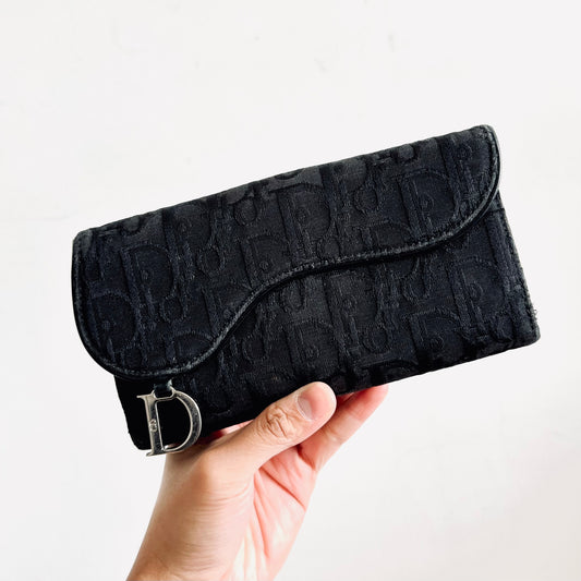 Christian Dior CD Black Oblique Monogram Logo Saddle Flap Bifold Long Wallet