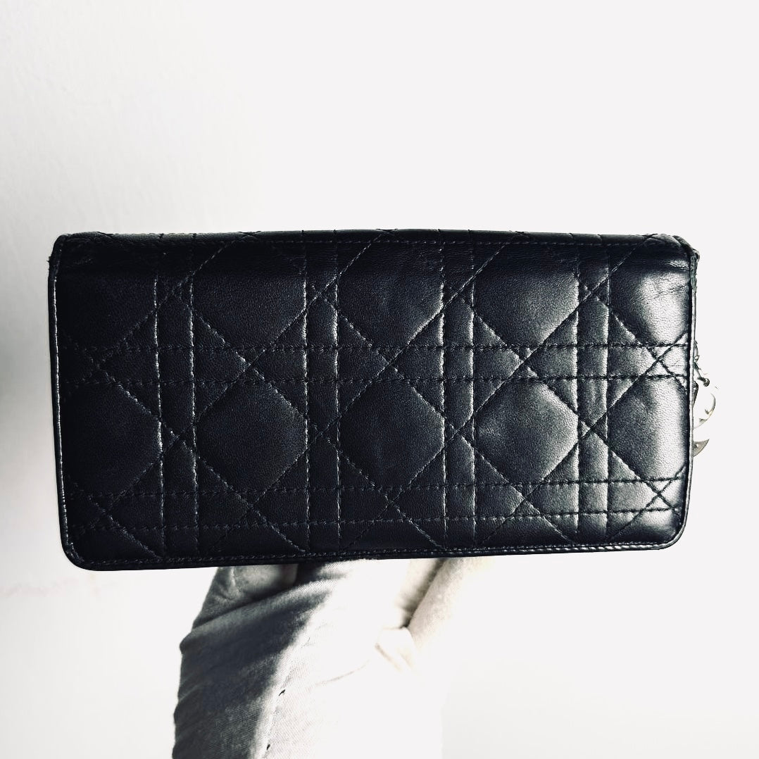 Christian Dior CD Lady Dior Black / Turquoise Charms Monogram Logo Cannage Quilted Lambskin Long Flap Bifold Wallet
