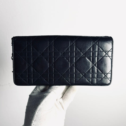 Christian Dior CD Lady Dior Black / Turquoise Charms Monogram Logo Cannage Quilted Lambskin Long Flap Bifold Wallet