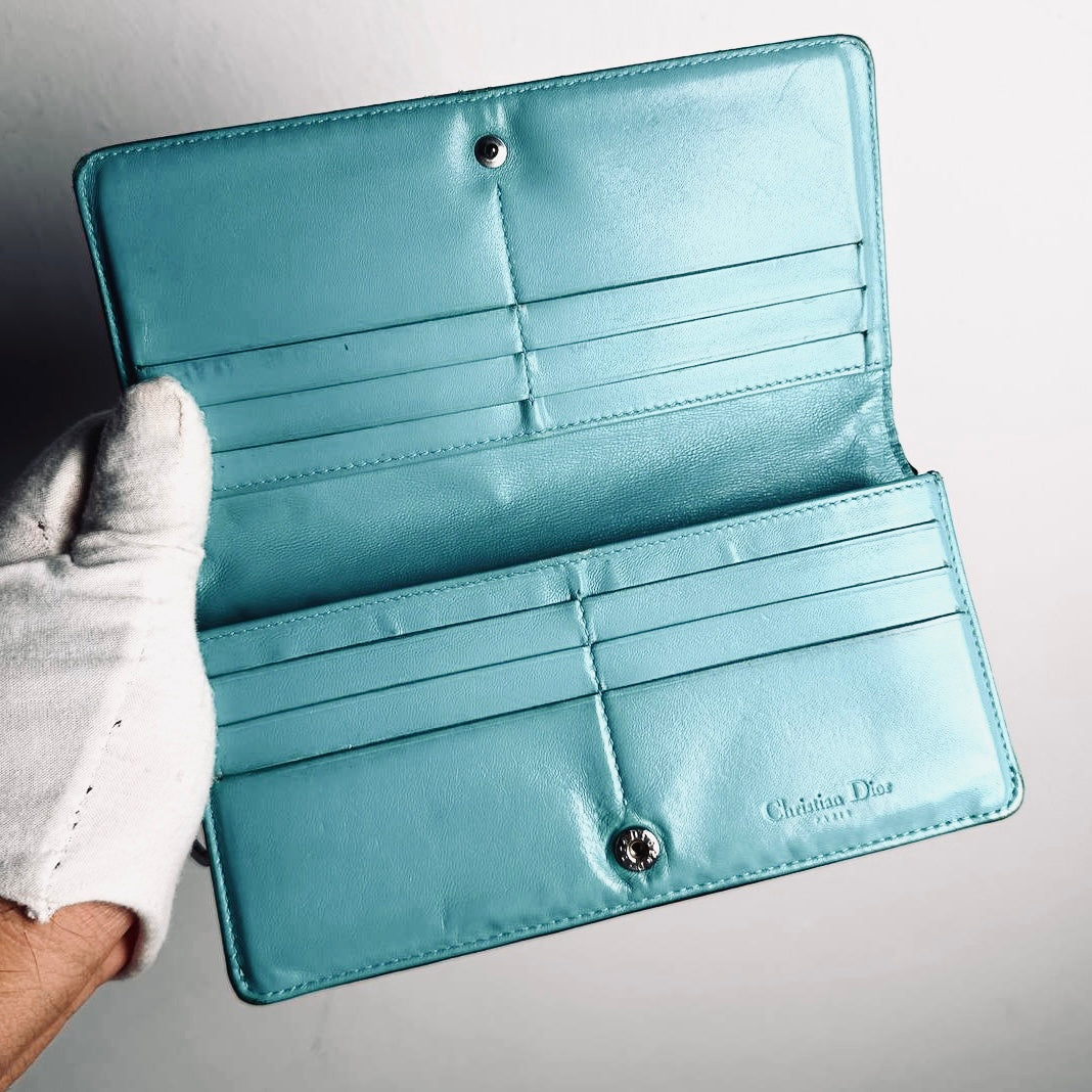 Christian Dior CD Lady Dior Black / Turquoise Charms Monogram Logo Cannage Quilted Lambskin Long Flap Bifold Wallet