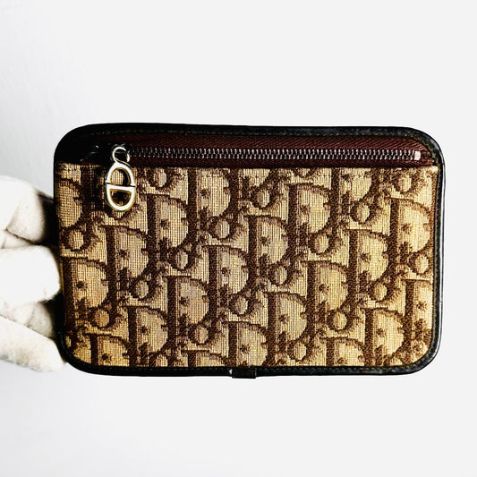 Christian Dior CD Dark Brown GHW Oblique Monogram Logo Vintage Zip Clutch Case Pouch