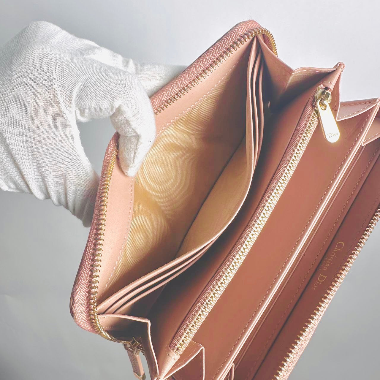 Christian Dior CD 30 Montaigne Blush Pink GHW Grained Calfskin Monogram Logo Zippy Zip Around Long Wallet