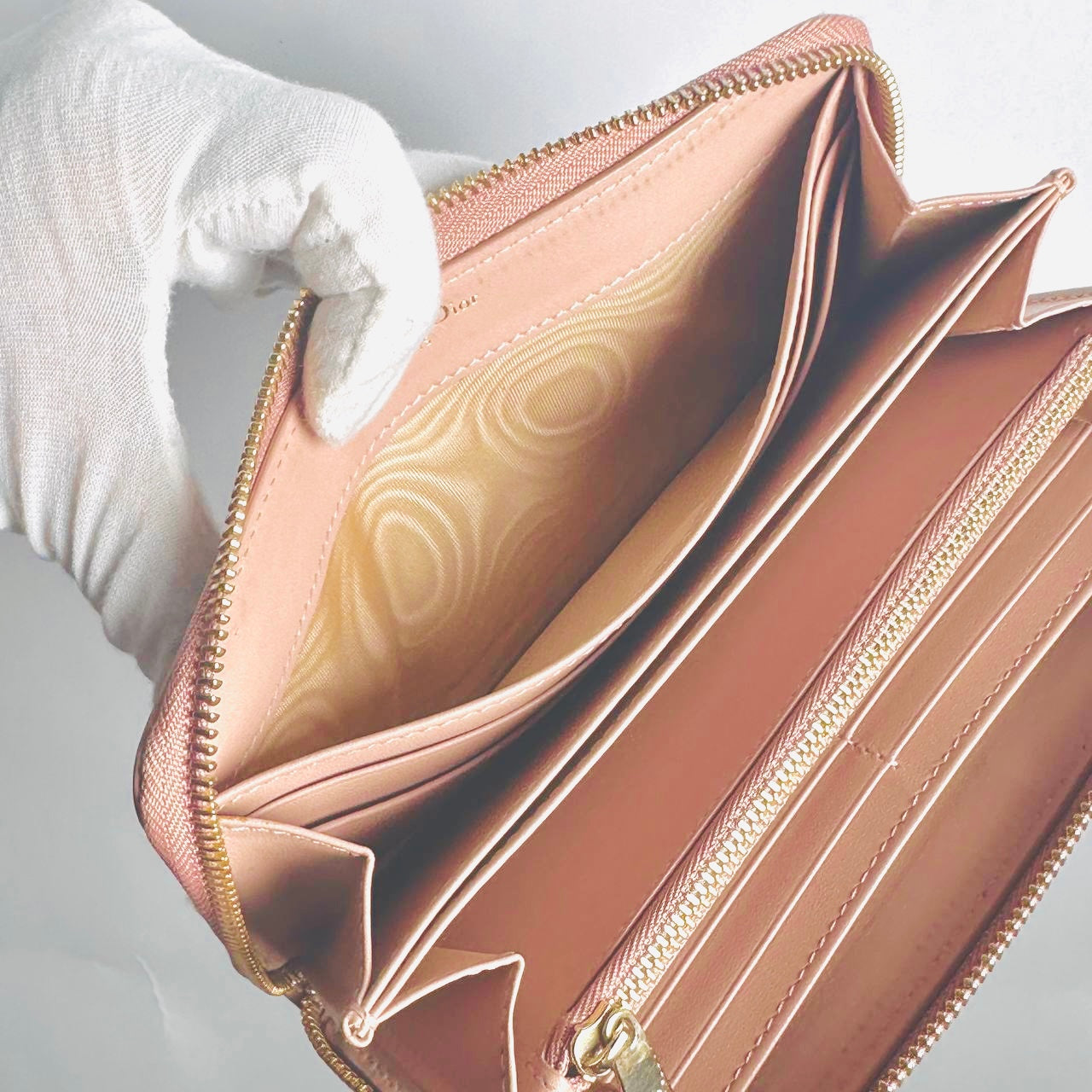 Christian Dior CD 30 Montaigne Blush Pink GHW Grained Calfskin Monogram Logo Zippy Zip Around Long Wallet
