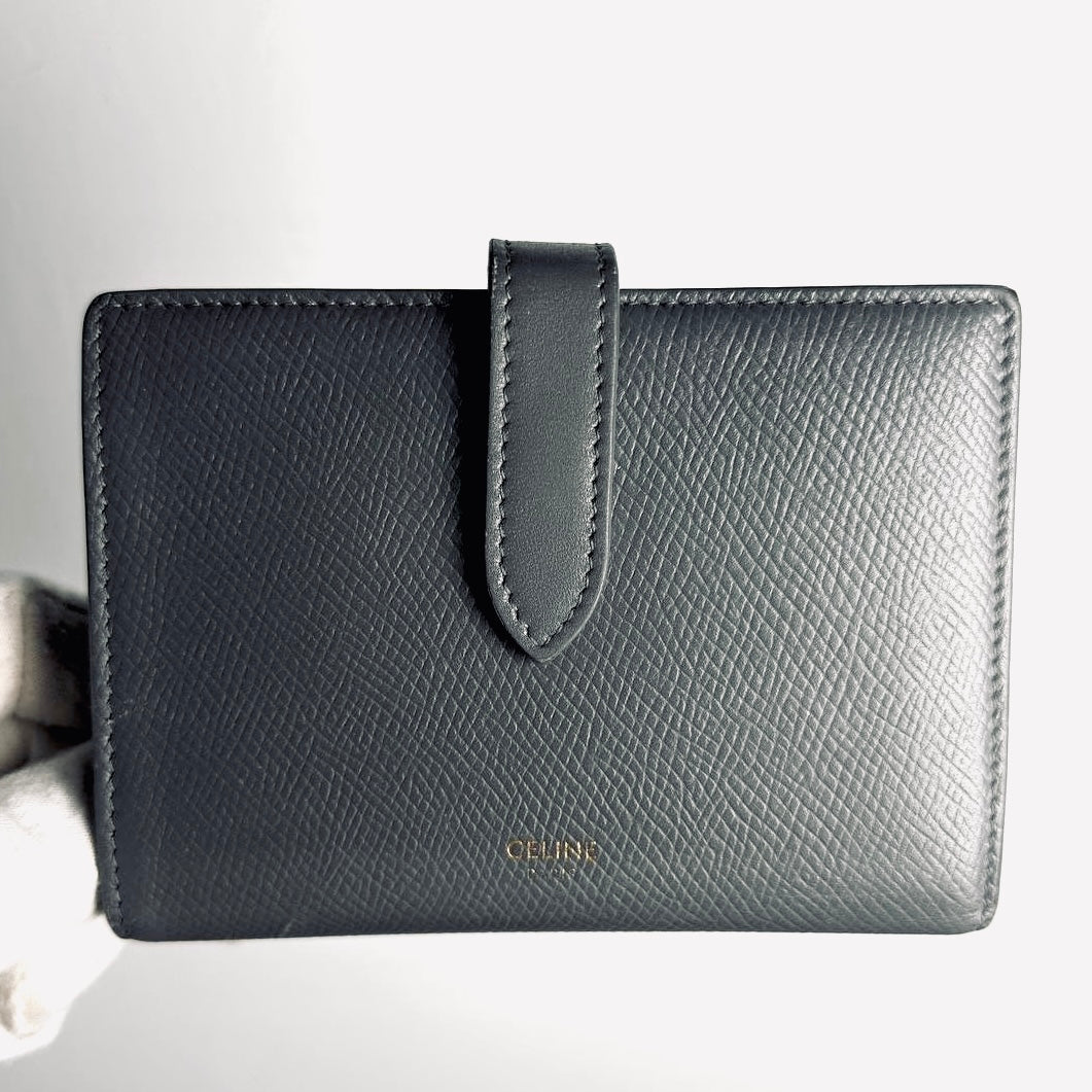 Celine Grey / Gray GHW Grained Calfskin Leather Logo Medium Strap Compact Bifold Wallet