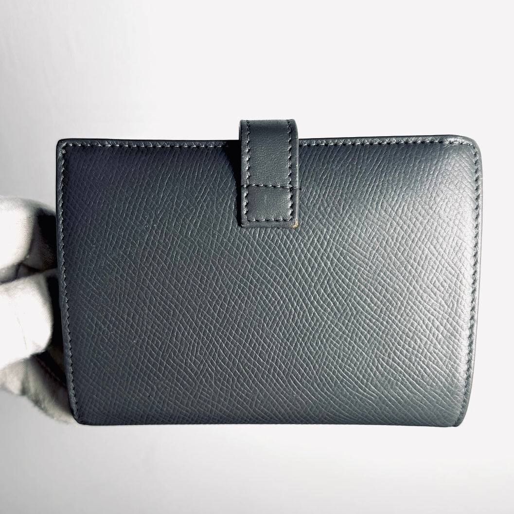 Celine Grey / Gray GHW Grained Calfskin Leather Logo Medium Strap Compact Bifold Wallet