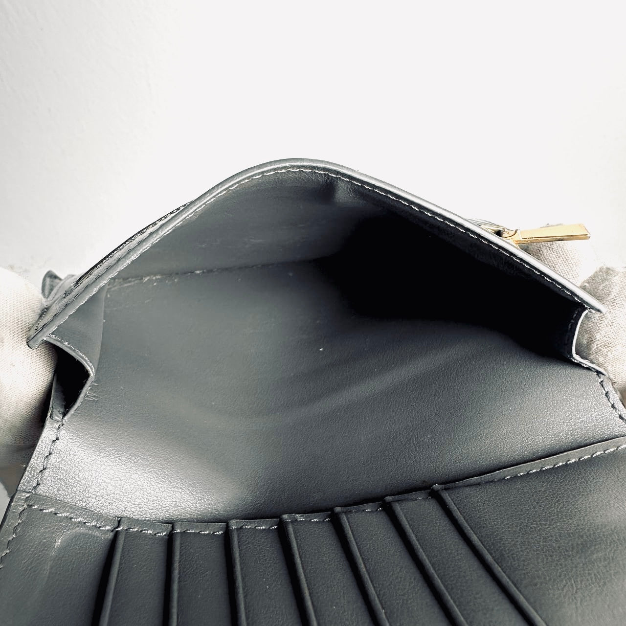 Celine Grey / Gray GHW Grained Calfskin Leather Logo Medium Strap Compact Bifold Wallet