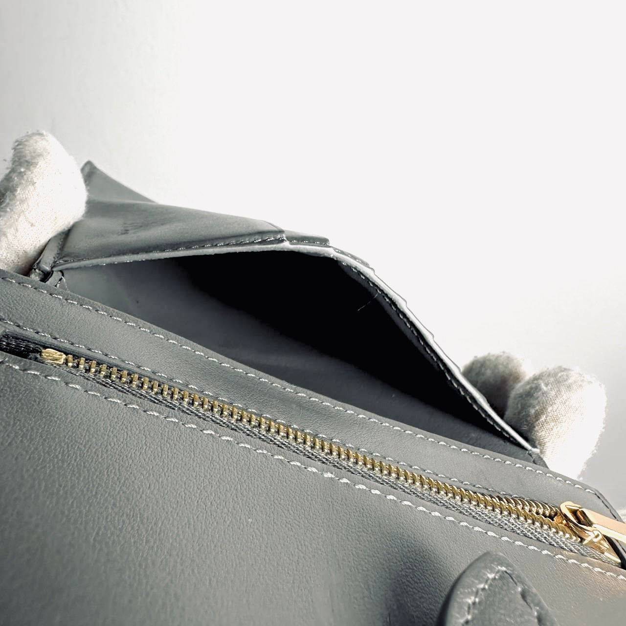Celine Grey / Gray GHW Grained Calfskin Leather Logo Medium Strap Compact Bifold Wallet