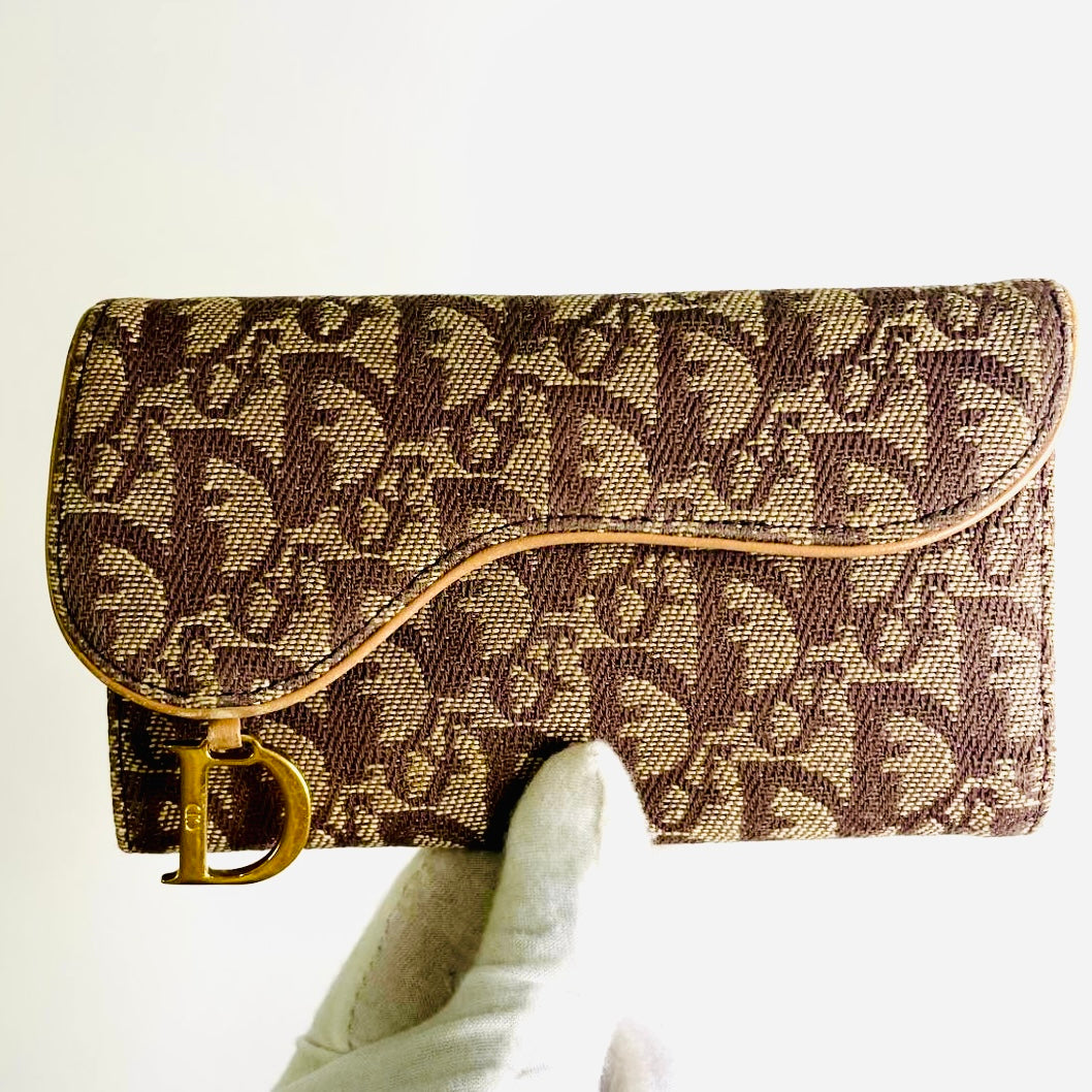 Christian Dior CD Caramel Tan Brown GHW Saddle Oblique Monogram Logo Flap Trifold Wallet