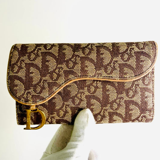 Christian Dior CD Caramel Tan Brown GHW Saddle Oblique Monogram Logo Flap Trifold Wallet