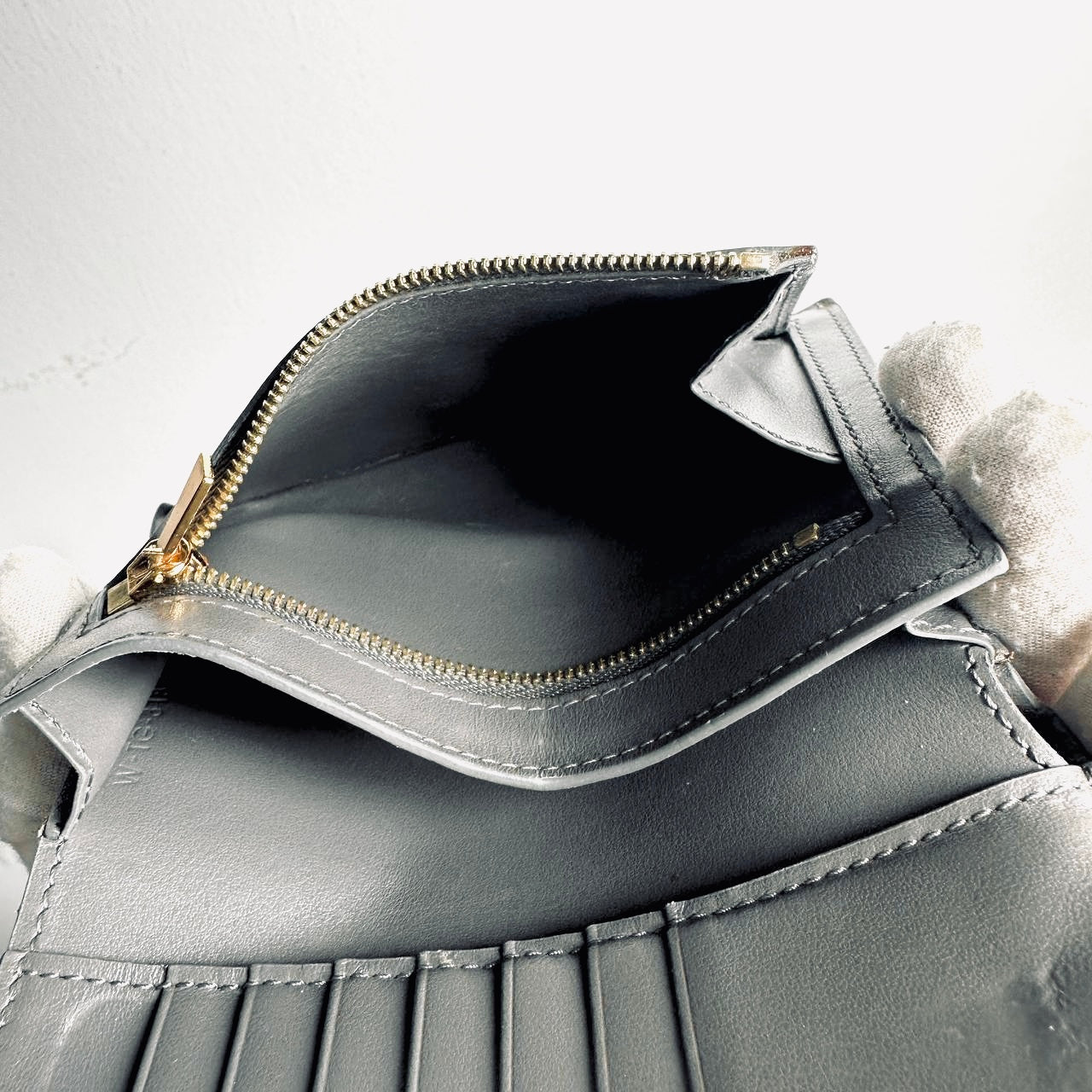 Celine Grey / Gray GHW Grained Calfskin Leather Logo Medium Strap Compact Bifold Wallet
