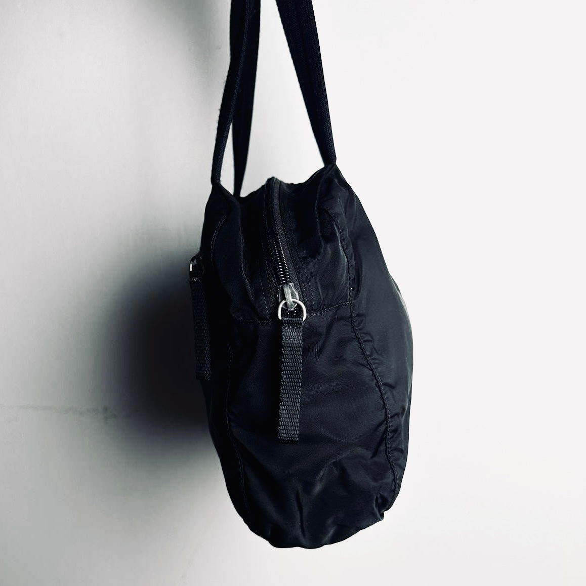 Prada Black Tessuto Bauletto Monogram Logo Nylon Bowling Boston Shopper Shoulder Tote Bag