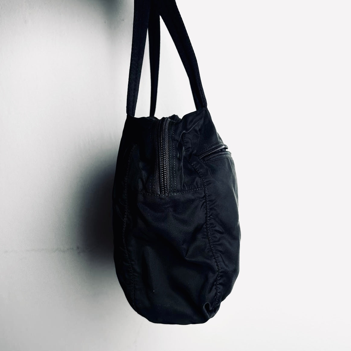 Prada Black Tessuto Bauletto Monogram Logo Nylon Bowling Boston Shopper Shoulder Tote Bag