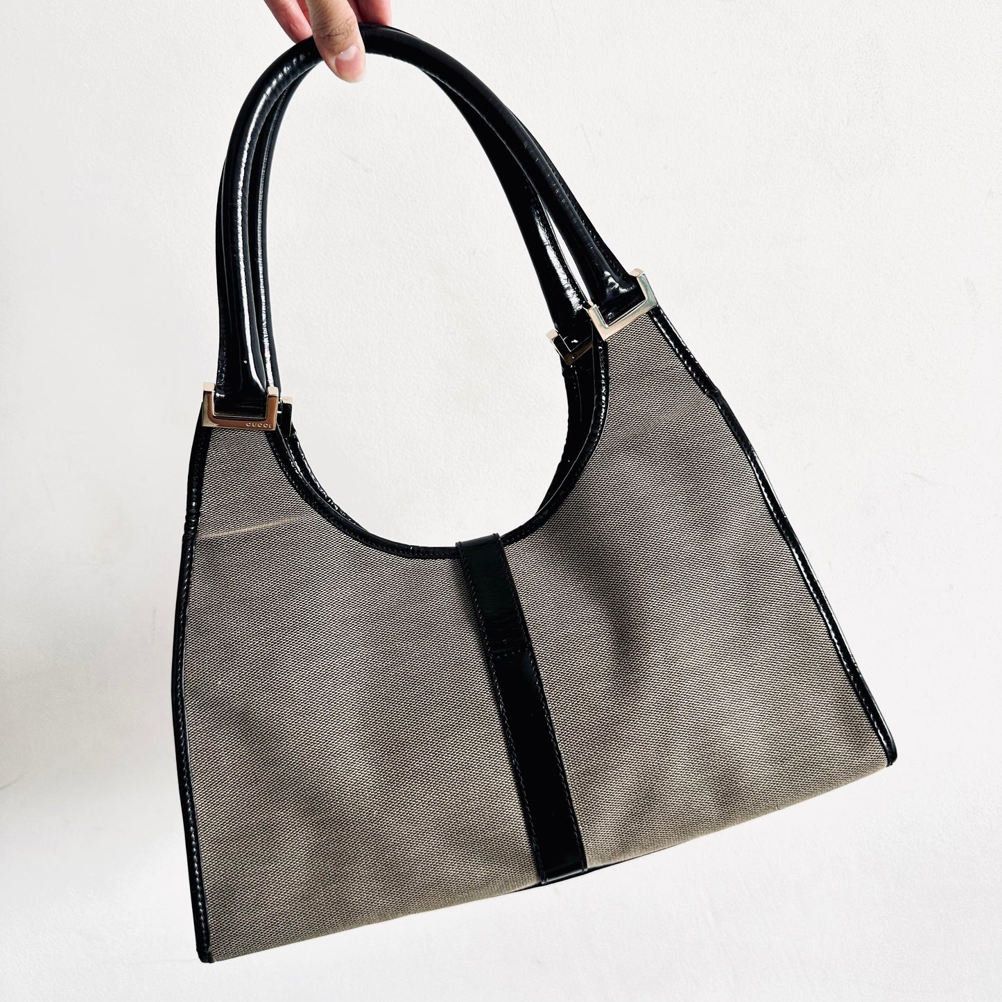 Gucci Jackie Grey / Black GHW Monogram Logo Flap Hobo Baguette Shoulder Bag