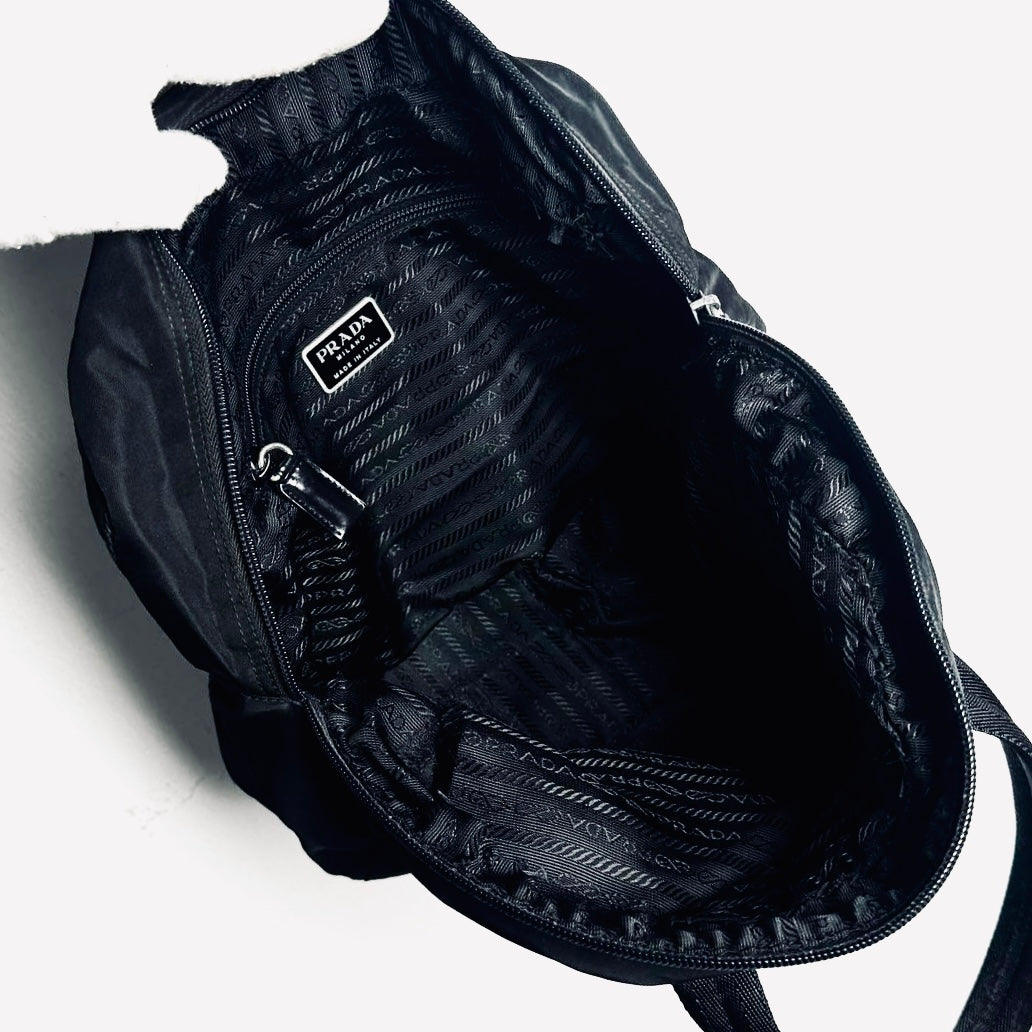 Prada Black Tessuto Bauletto Monogram Logo Nylon Bowling Boston Shopper Shoulder Tote Bag