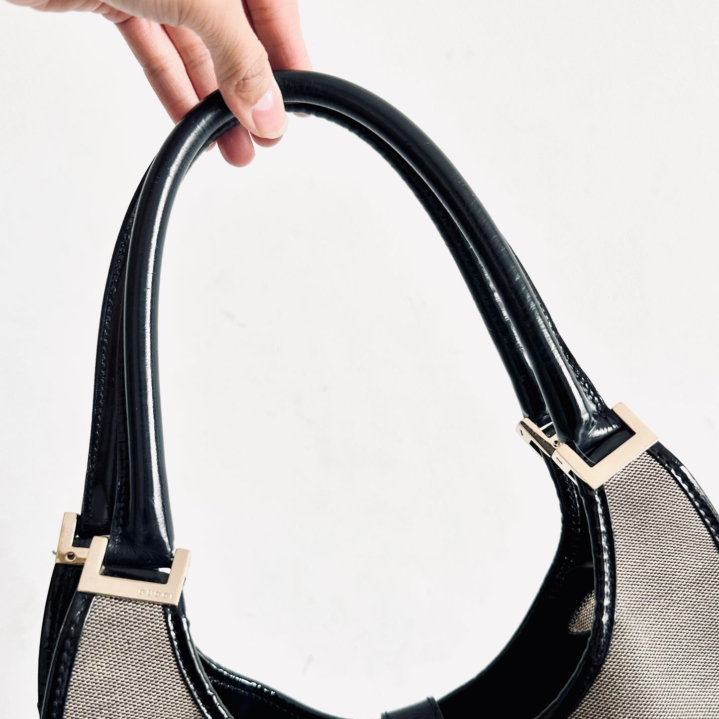Gucci Jackie Grey / Black GHW Monogram Logo Flap Hobo Baguette Shoulder Bag