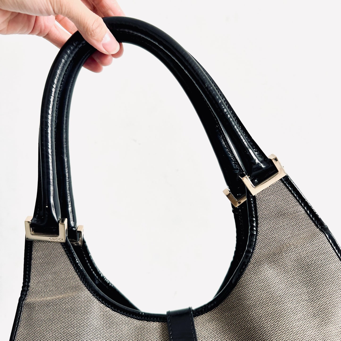Gucci Jackie Grey / Black GHW Monogram Logo Flap Hobo Baguette Shoulder Bag