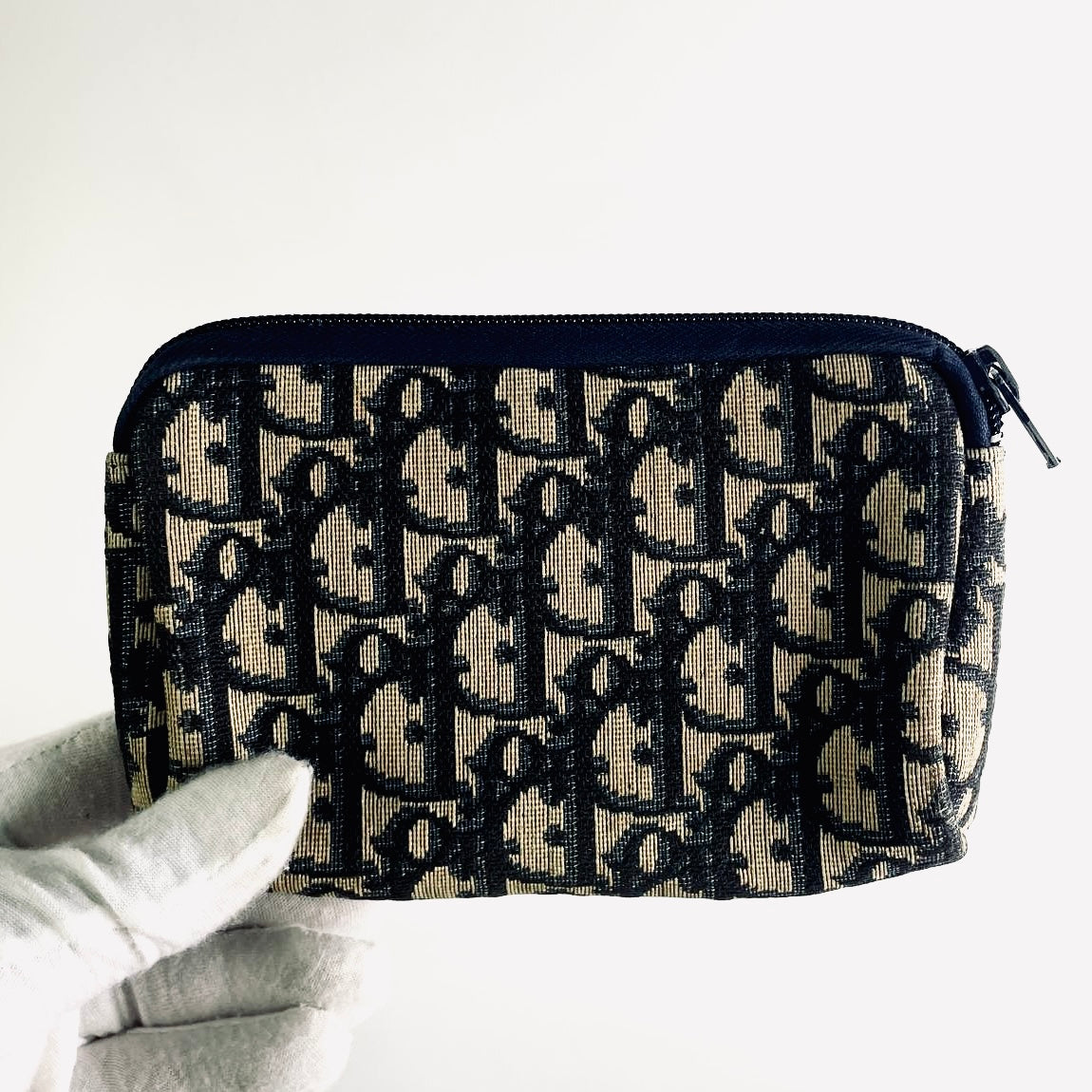 Christian Dior CD Navy Blue GHW Oblique Monogram Logo Zip Clutch Pouch Case