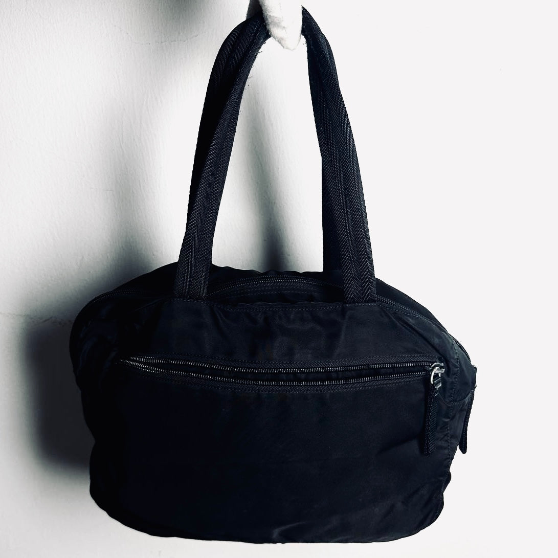 Prada Black Tessuto Bauletto Monogram Logo Nylon Bowling Boston Shopper Shoulder Tote Bag