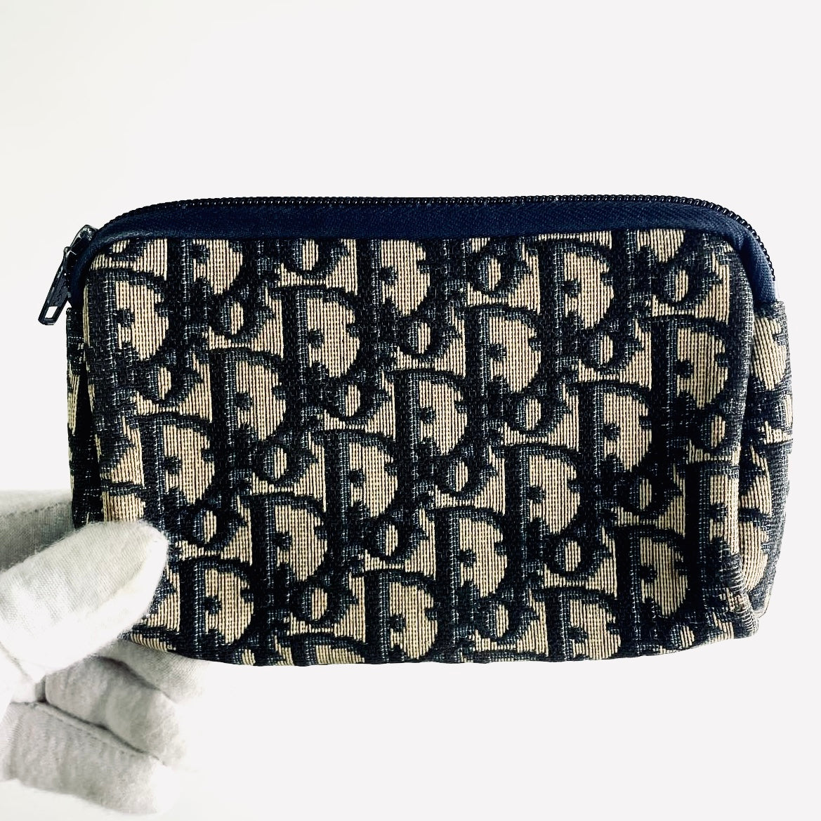 Christian Dior CD Navy Blue GHW Oblique Monogram Logo Zip Clutch Pouch Case