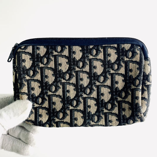 Christian Dior CD Navy Blue GHW Oblique Monogram Logo Zip Clutch Pouch Case