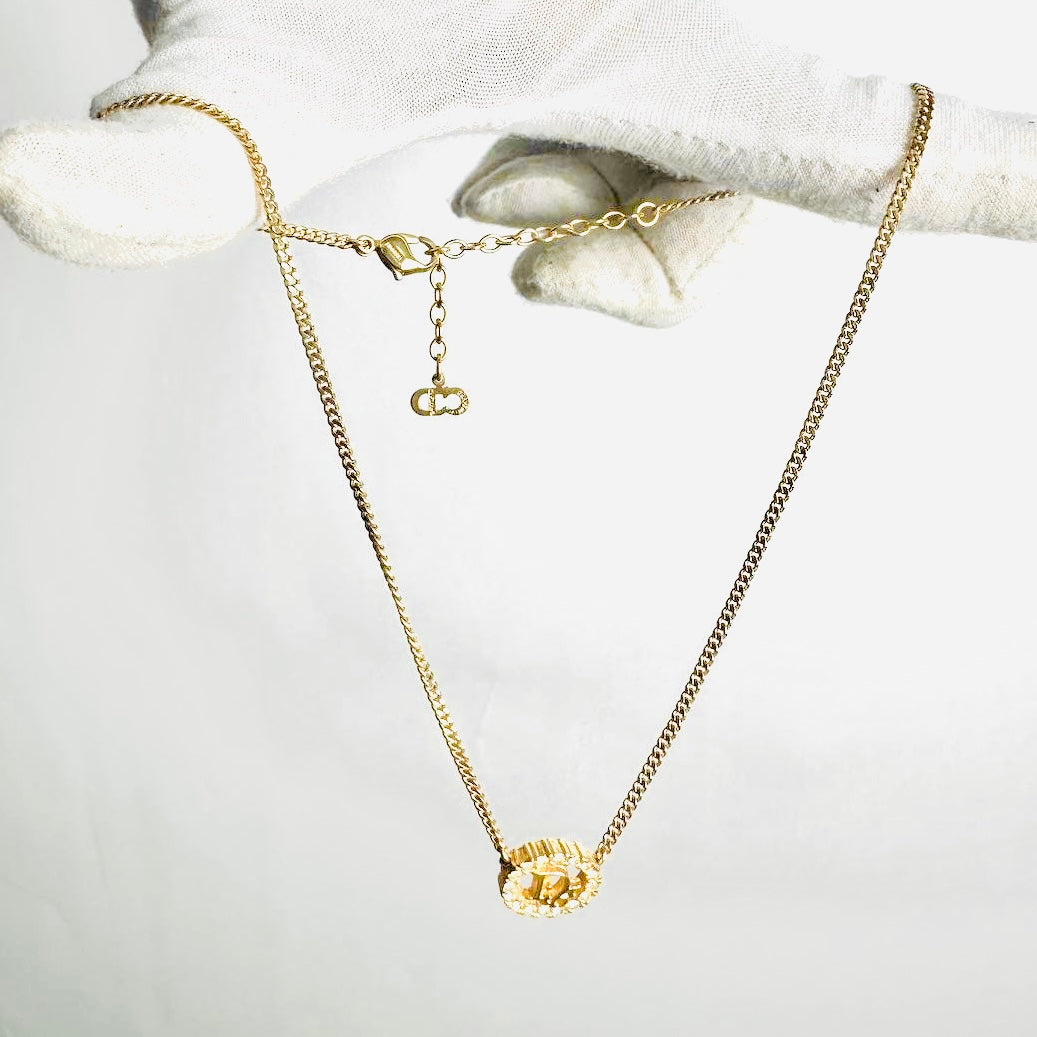 Christian Dior CD Gold Round Crystals Classic Pendant Monogram Logo Necklace