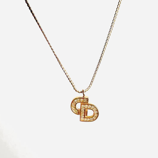 Christian Dior Giant CD Gold & Crystals Monogram Logo Pendant Signature Necklace