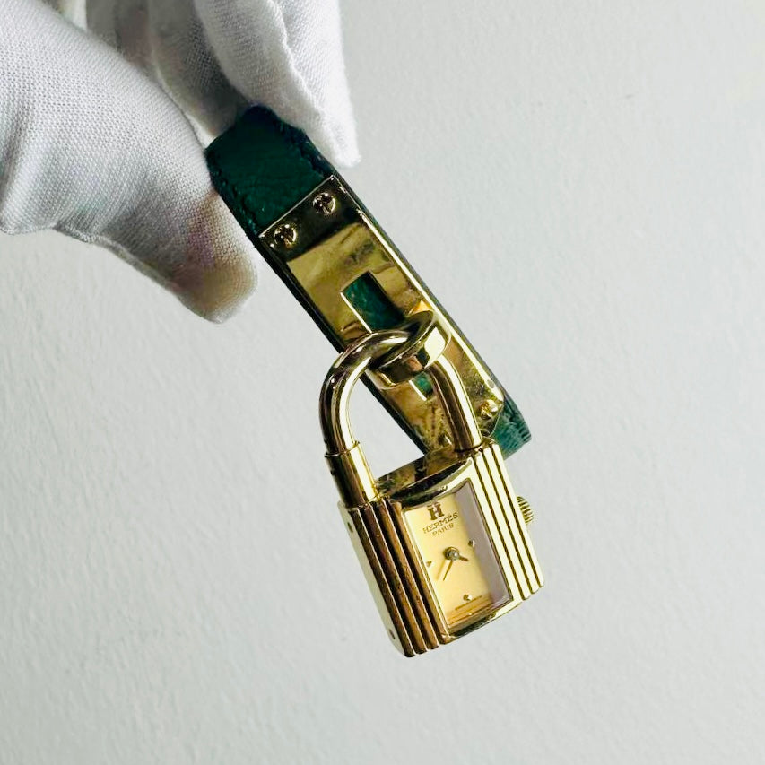 Hermes Kelly Lock Jade Green GHW Stainless Steel Epsom Leather Strap 20MM Watch