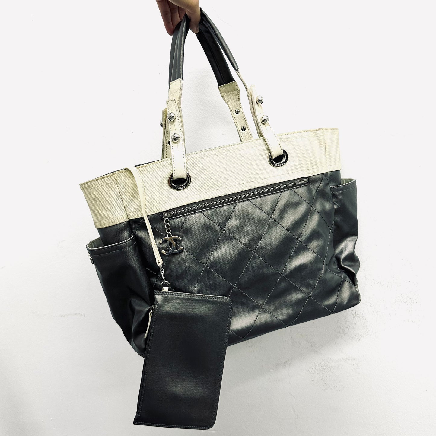 Chanel Grey Gray / White Paris Biarritz CC Monogram Logo Quilted Coated Fabric & Leather Shopper Shoulder Tote Bag With Pockets 11s
