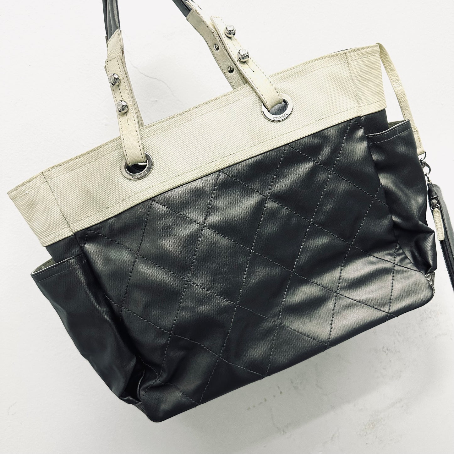 Chanel Grey Gray / White Paris Biarritz CC Monogram Logo Quilted Coated Fabric & Leather Shopper Shoulder Tote Bag With Pockets 11s