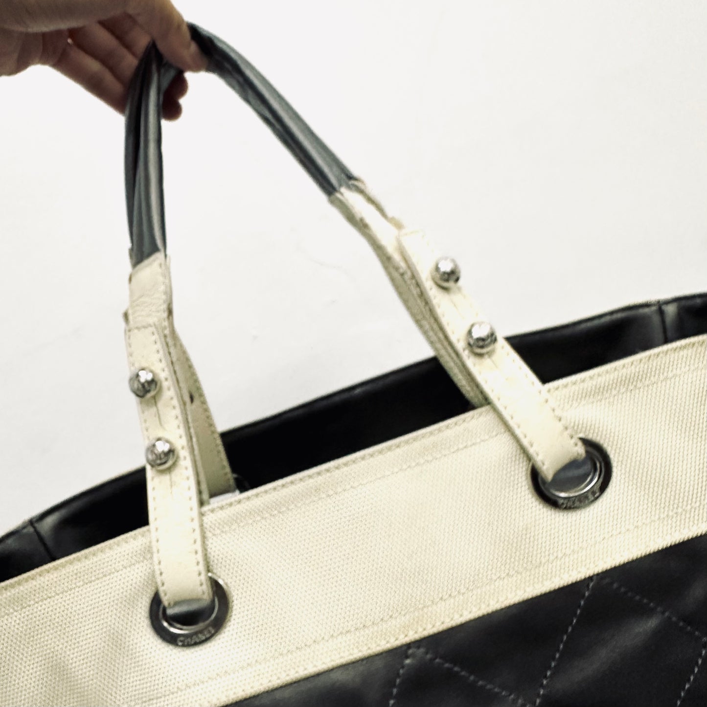 Chanel Grey Gray / White Paris Biarritz CC Monogram Logo Quilted Coated Fabric & Leather Shopper Shoulder Tote Bag With Pockets 11s