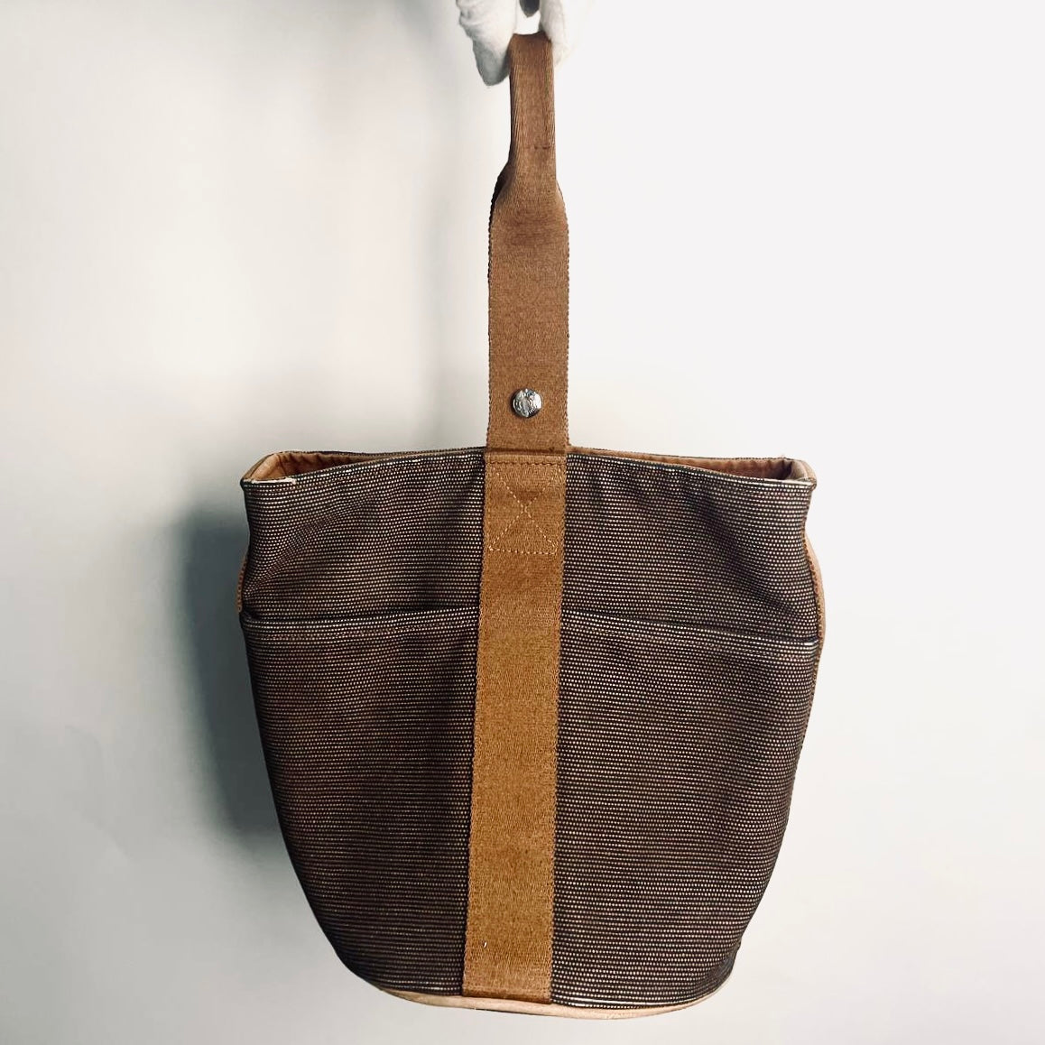 Hermes Tan / Brown Toile Saxor MM Bucket Tote Bag