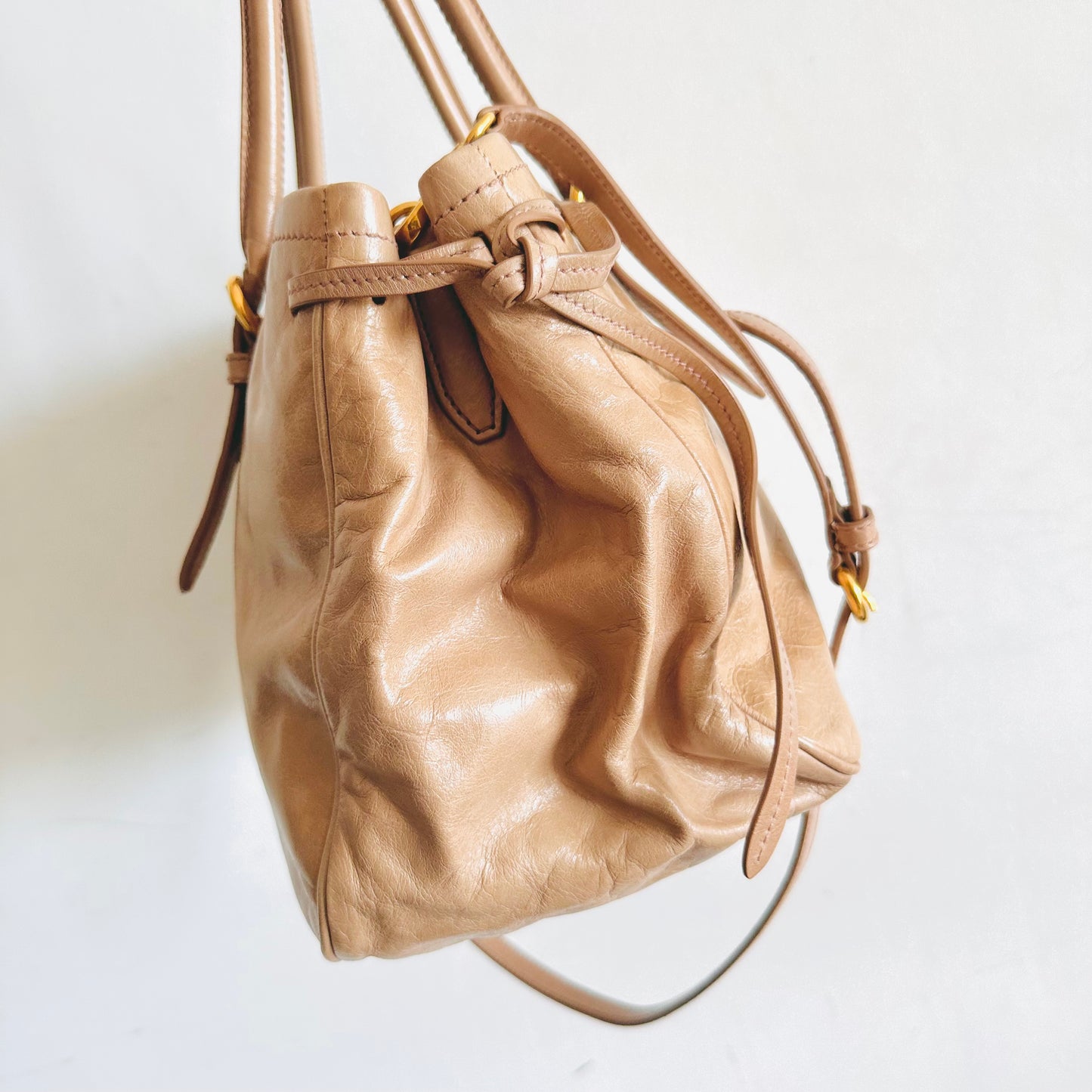 Miu Miu Blush Powder Pink GHW Vitello Shine Leather Classic Logo 2-Way Shopper Shoulder Sling Tote Bag