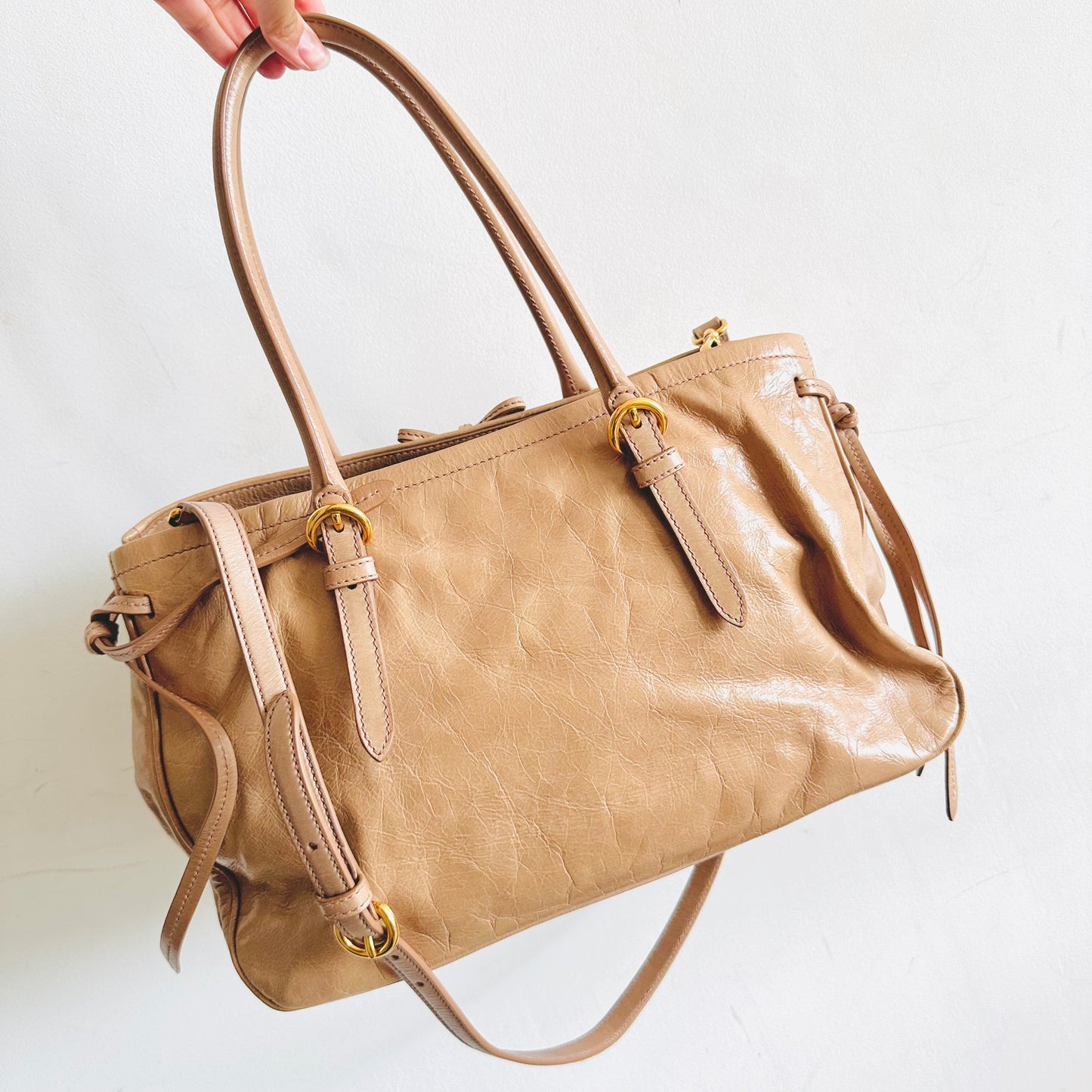 Miu Miu Blush Powder Pink GHW Vitello Shine Leather Classic Logo 2-Way Shopper Shoulder Sling Tote Bag