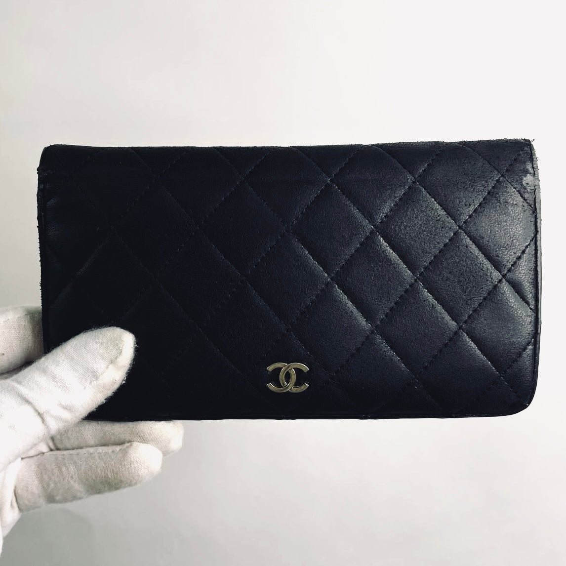 Chanel Black CC Logo Quilted Lambskin Flap Bifold Long Wallet 12s